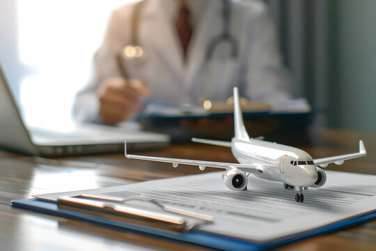 Medical tourism and medical hub concept, traveling internationally for medical care, treatment of specific diseases, airplane model on the table and doctor behind