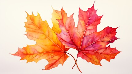 Two vibrant autumn maple leaves, one yellow and one red, on a white background.