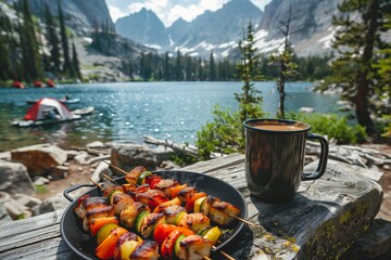 A wooden table set for a meal on a scenic overlook near a lake.  In the foreground, a plate of shish kebabs with skewers sits on the table next to a steaming cup of coffee.