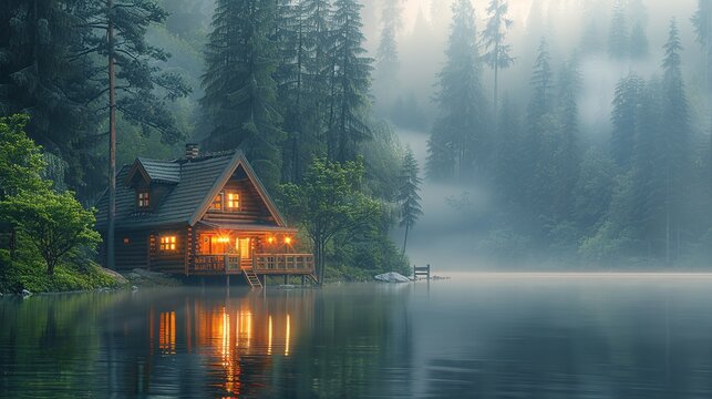 A cabin is sitting on a lake with a foggy sky in the background