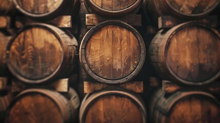 Stacked beer barrels forming an atmospheric background for brewery themes