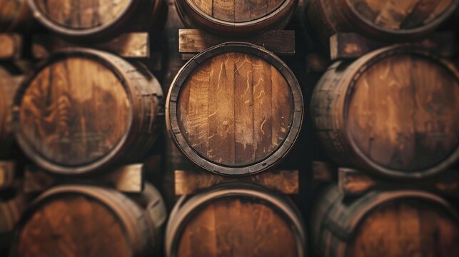 Stacked beer barrels forming an atmospheric background for brewery themes