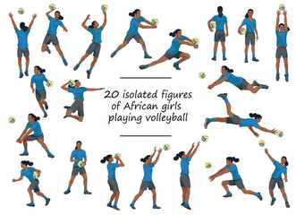 Black African women's volleyball girl players in blue sports equipment training, running, jumping, throwing, hitting the ball
