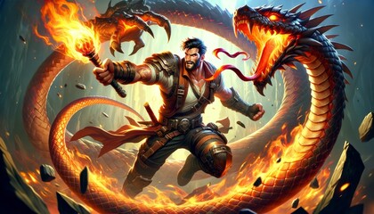 A heroic character in mid-battle with a fierce enemy, with a fiery serpent acting as a shield.