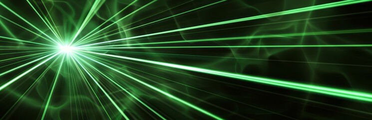 Naklejka premium Green laser beam radiating outward from the center of the frame, with laser light beams creating dynamic rays against a black background