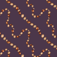 Seamless pattern with watercolor apricot kernels and seeds for design templates for fabric, textiles, wrapping paper, wallpapers, apricot oil in medicine, aromatherapy, cosmetology and cooking