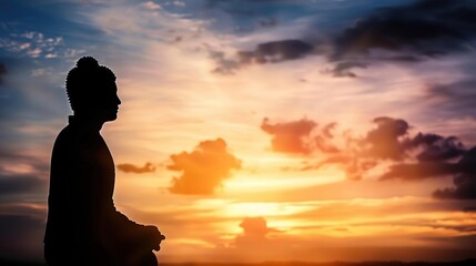 Silhouette, Buddha statue against a colorful sky at sunset, with text copy space on the left, photorealistic masterpiece, professional photography, serene lighting