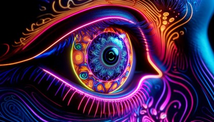 A detailed and vibrant depiction of a neon eye in a 16_9 ratio.