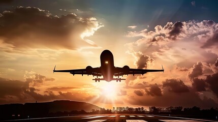 Silhouette, airplane flying in the sky at sunset, with text copy space on the left, photorealistic masterpiece, professional photography, adventurous lighting