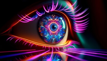 A detailed and vibrant close-up of an eye with intricate neon patterns reflecting abstract shapes in a 16_9 ratio.