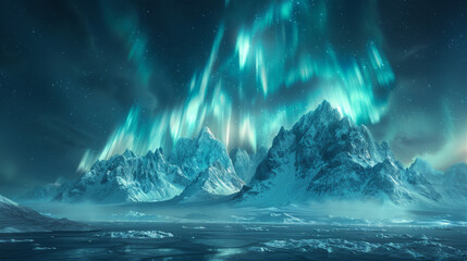 Naklejka premium Aurora borealis, Northern lights over snowy mountain on coastline at Skagsanden Beach, Lofoten Islands.