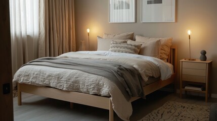 cozy Scandinavian guest bedroom with a light wood bed frame, neutral bedding, and soft lighting from bedside lamps, creating a welcoming space