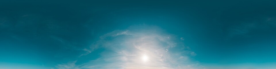 Sunset sky with bright glowing pink Cirrus clouds. Seamless spherical HDR 360 panorama. Full zenith or sky dome in 3D, sky replacement for aerial drone panoramas. Climate and weather change.