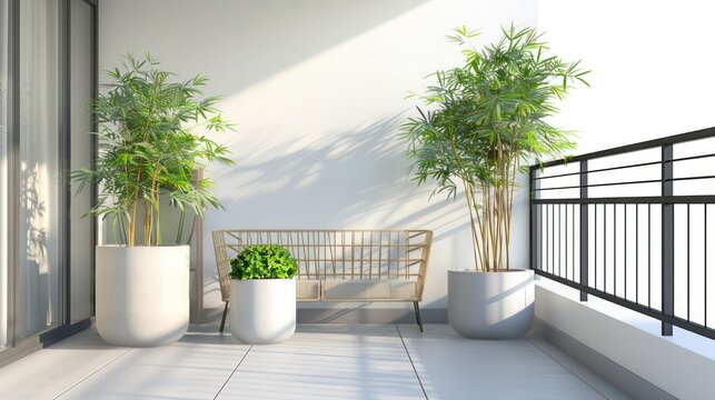 minimalist balcony setup with a slimline railing, a pair of streamlined planters with bamboo, and a compact seating arrangement for urban outdoor relaxation