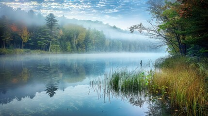 Fototapeta premium lake with beautiful views of large trees and mist