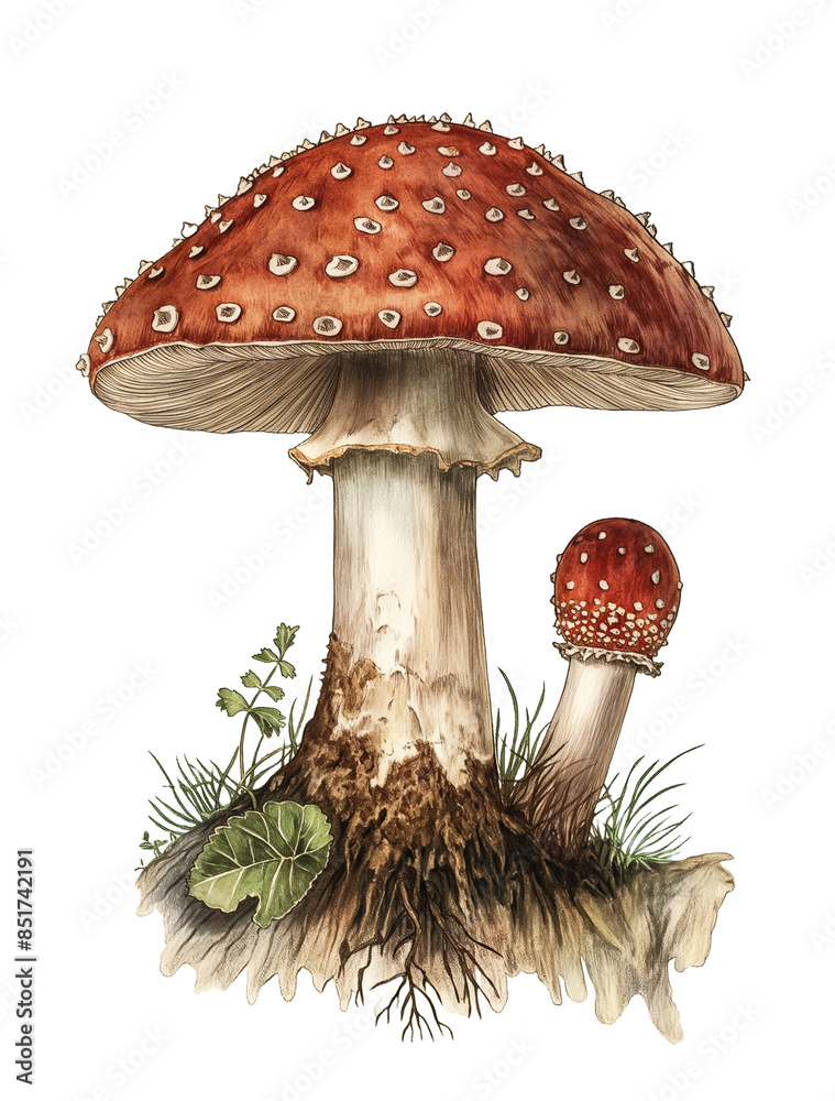 Wall mural Mushroom and grass isolated on transparent background, old botanical illustration, fly agaric mushroom