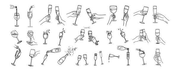 Set of hands with champagne glasses, wine glasses, champagne bottles and wine. Cheers. Alcoholic drinks. Great for bar menu, banner, greeting card, holiday, wedding, celebration. Hand drawn