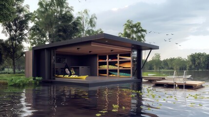 Fototapeta premium minimalist boathouse with a clean, open design, direct access to the water, and storage for kayaks and other water sports equipment