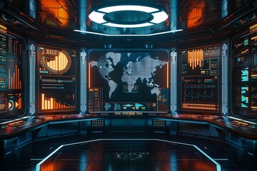 Obraz premium Photo realistic futuristic control room with digital data panels displaying graphs, charts, and maps, representing technology and analytics concept