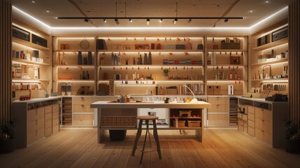 minimalist craft room with modular storage units, a central workspace, and adjustable lighting, all designed to keep the focus on creativity and order