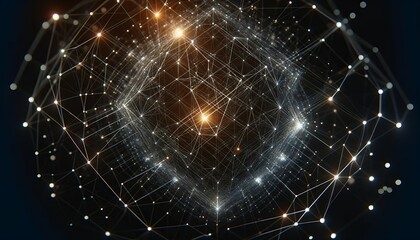 Obraz premium A detailed network of intersecting lines forming a complex, illuminated grid with glowing nodes at intersections, set against a dark backdrop.