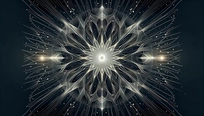 Obraz premium A symmetrical arrangement of lines forming a starburst pattern with bright white lines and a dark background, emphasizing the central focal point.