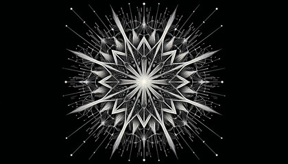 A burst of white geometric lines radiating outward in a symmetrical pattern, creating an intricate starburst effect against a black background.