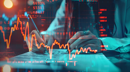 Double exposure of forex graph sketch hologram and woman holding and using a mobile device,  Stock market concept,Multi exposure of man planing investment with stock market forex chart background 
