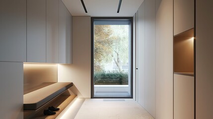 minimalist entryway featuring a sleek built-in bench with hidden shoe storage and a thin, vertical window that provides a peek to the outside
