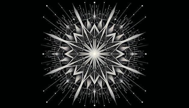 A burst of white geometric lines radiating outward in a symmetrical pattern, creating an intricate starburst effect against a black background.