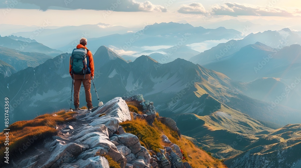 Poster Hiker Admiring Panoramic Mountain Landscape from High Ridge Hiking and Adventure Concept