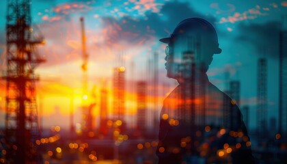 Obraz premium Double exposure of engineer silhouette with an oil refinery at dusk, symbolizes industrial development, energy, and hard work.