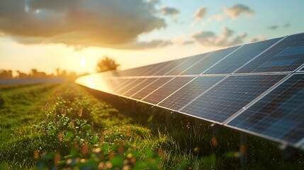 Expansive Solar Farm Harnessing Renewable Energy at Sunrise