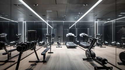 Fototapeta premium minimalist fitness room with essential equipment, mirrored walls, and a focused ambiance for effective workouts