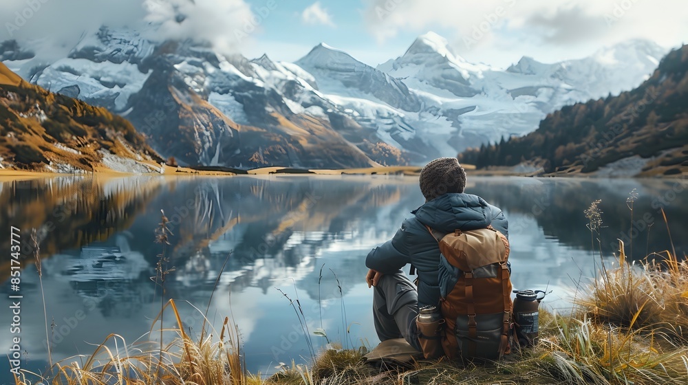 Canvas Prints Hiker Resting Beside Calm Alpine Lake with Reflected Mountains Hiking Concept with Copy Space