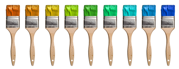 Set collection of classic paint brush with many colours of yellow, orange, mustard, turquoise, blue, green, lime on transparent cutout PNG file. Mockup template for artwork design