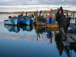 Fischerboote in der Fischersiedlung Holm in Schleswig an der Schlei am frühen Morgen