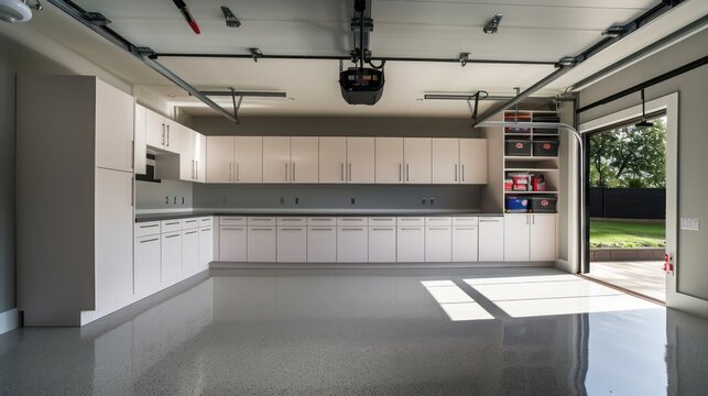 minimalist garage with sleek cabinetry, an epoxy floor, and efficient overhead storage, keeping the space tidy and fully functional