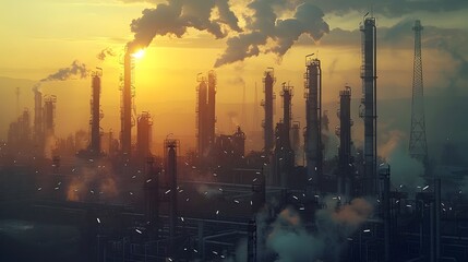 Towering Oil Refinery Distillation Columns and Flare Stacks at Sunset   Industrial Concept with Copy Space