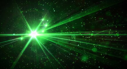 Green laser light on black background with lens flare effect, green glow effect, glowing effects, and green laser beam