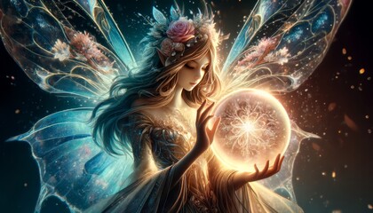 A detailed, close-up image of a fairy holding a glowing crystal ball, her wings shimmering in the light it emits.