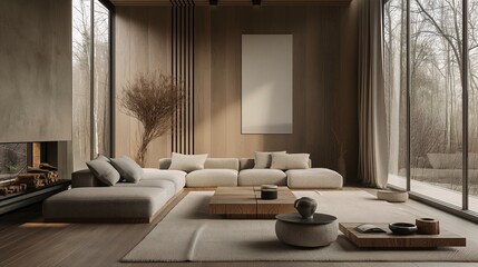 Elegant modern living room with large windows, minimalist decor, and comfortable seating. Ideal for contemporary interior inspiration.