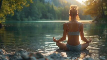 woman meditating in the water by a lake