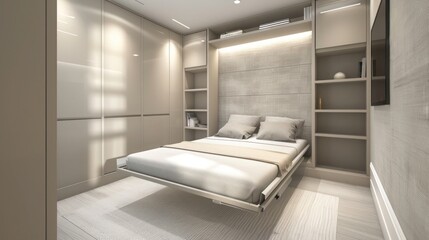 minimalist guest room with a wall bed that folds away, built-in cabinetry for guest belongings, and neutral, textured walls that add depth without clutter