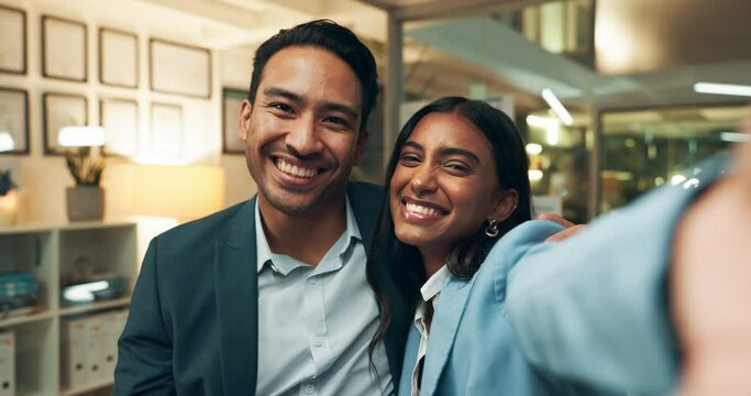 Happy, business people and selfie with photography at night for memory or moment at office. Portrait of young businessman and woman with smile for picture, capture or friendship together at workplace