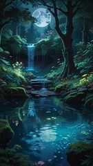 Poster Monde féerique The forest pool is surrounded by trees and a waterfall flows into it and the full moon casts a magical light over the entire scene  © yudistia