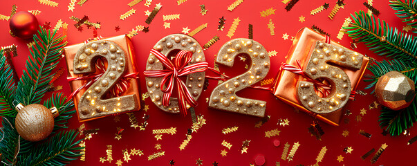 Naklejka premium Golden 2025 ornaments with red ribbons on a red background with pine branches and gold glitter