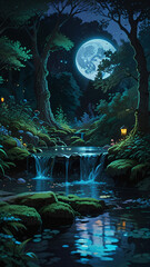 Obraz premium The forest pool is surrounded by trees and a waterfall flows into it and the full moon casts a magical light over the entire scene