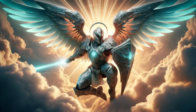 An armored angelic figure in an action pose with wings spread wide, deflecting energy blasts with a shield.