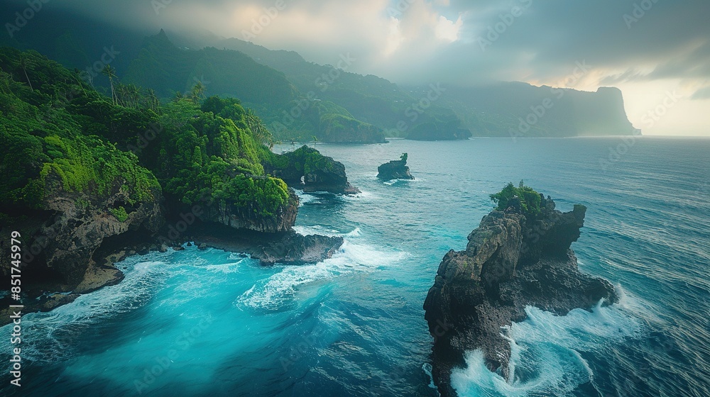 Wall mural A beautiful ocean view with a rocky shoreline and a mountain in the background